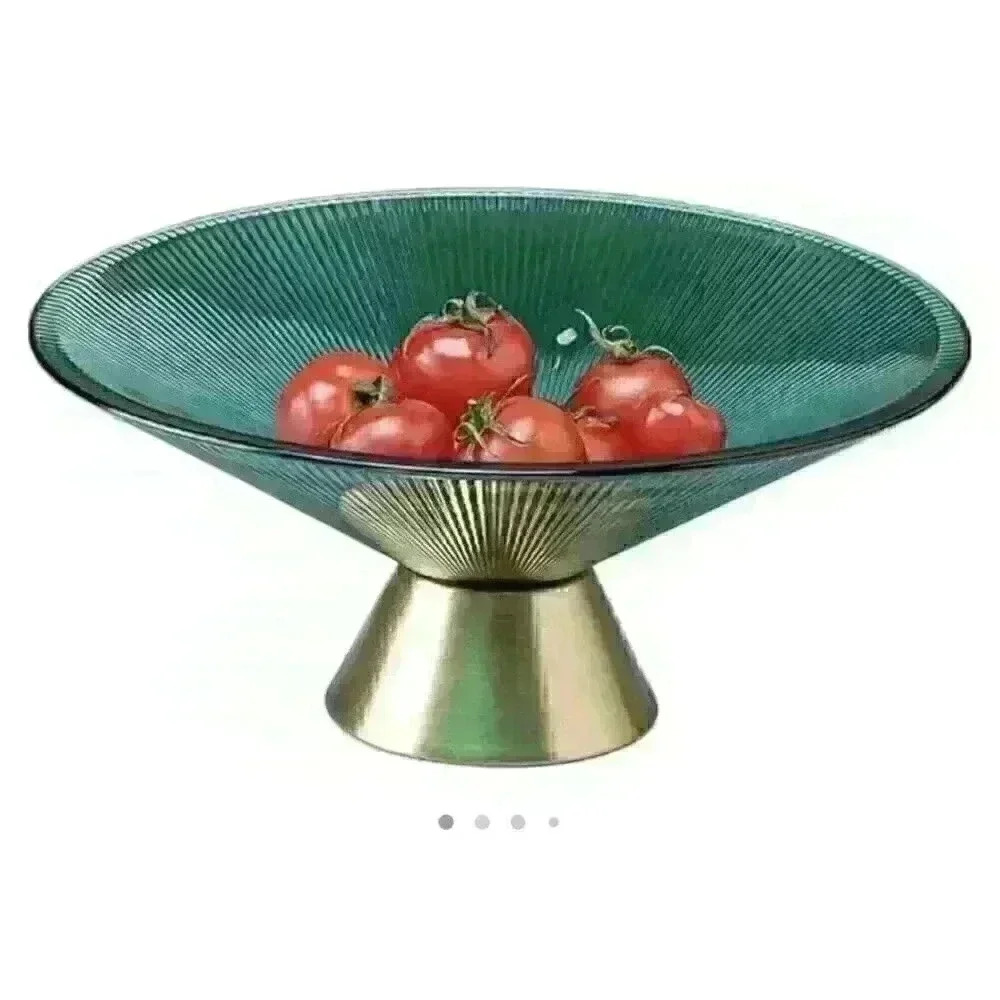 Teal Glass Fruit Bowl Gold Base Tall Candy Fruit Tray 10" Diameter 4.5" Tall